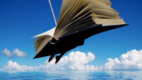 immersive reading: a book floating above the ocean and sky