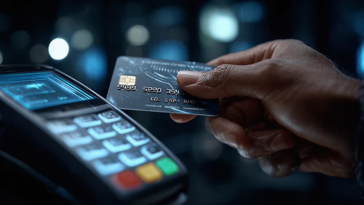 Tampilan Dekat Tangan yang Menggunakan Kartu Pembayaran di Terminal Point of Sale, Menggambarkan Teknologi Transaksi Modern dan Pembayaran Digital yang Beraksi
