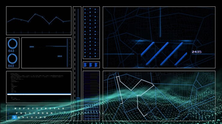 Animation of digital data processing over glowing spots on black background