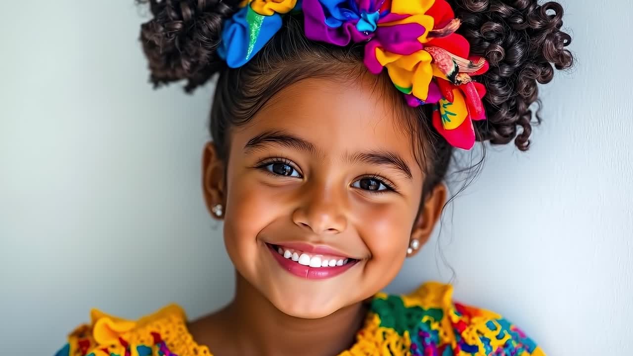 A little girl with a colorful flower in her hair