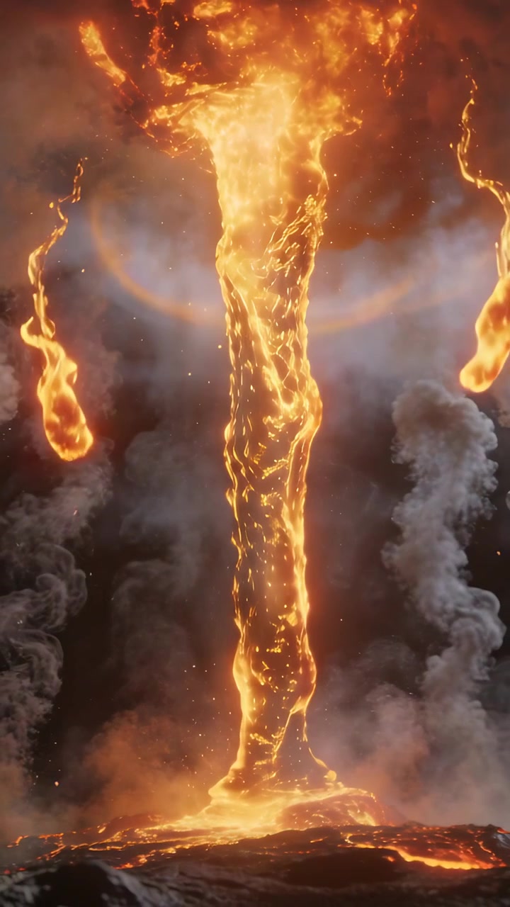 Video vertical: Columna de lava en erupción descendiendo a un lago en la chimenea volcánica, con gotas y humo.