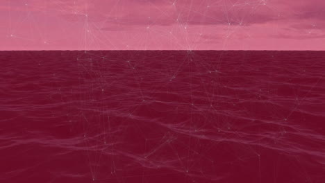 translucent white network glowing and hovering above ocean under pink sky animated illustration