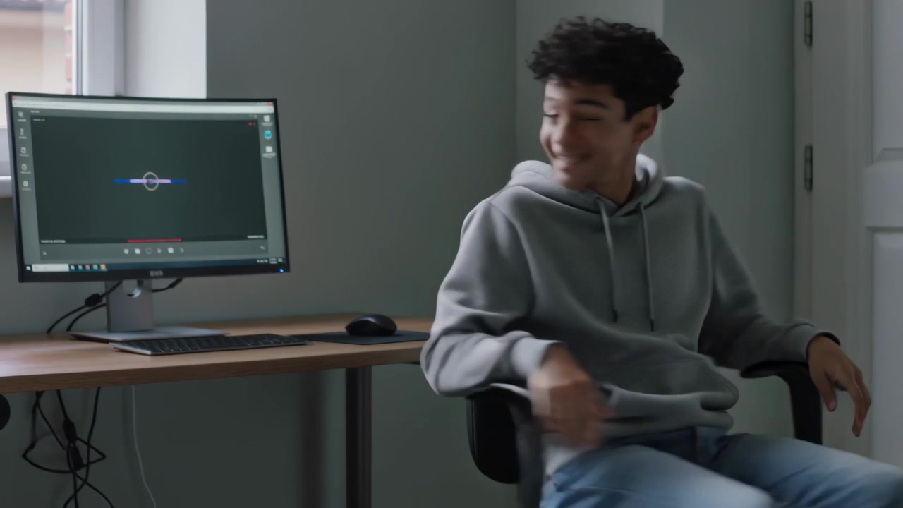 Responding to screen prompt hooded teen with earbud swiveling chair toward door at desk, copy space