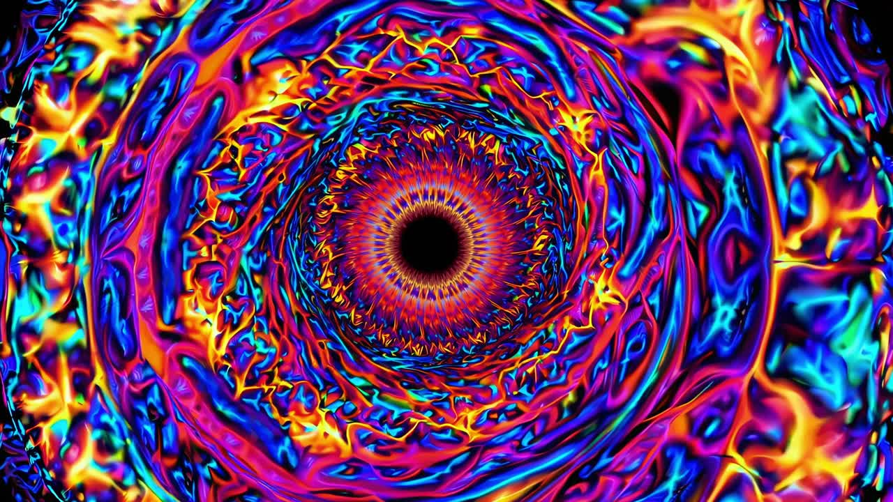 Colorful psychedelic eye vortex swirls with vibrant and iridescent colors, creating a mesmerizing and hypnotic visual experience, perfect for backgrounds, posters, or digital art projects