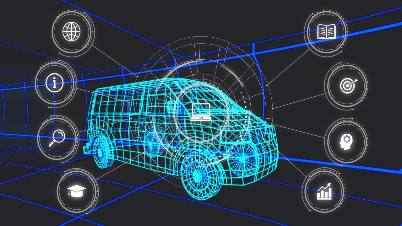 Laptop activating, causing cyan mesh van, rings rotating, arcs sweeping, icons aligning, showing UI