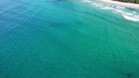 Fingal-Headland-Clear-Ocean-Waters--Tasman-Sea---New-South-Wales--NSW---Australia---Reveal-Aerial-Shot
