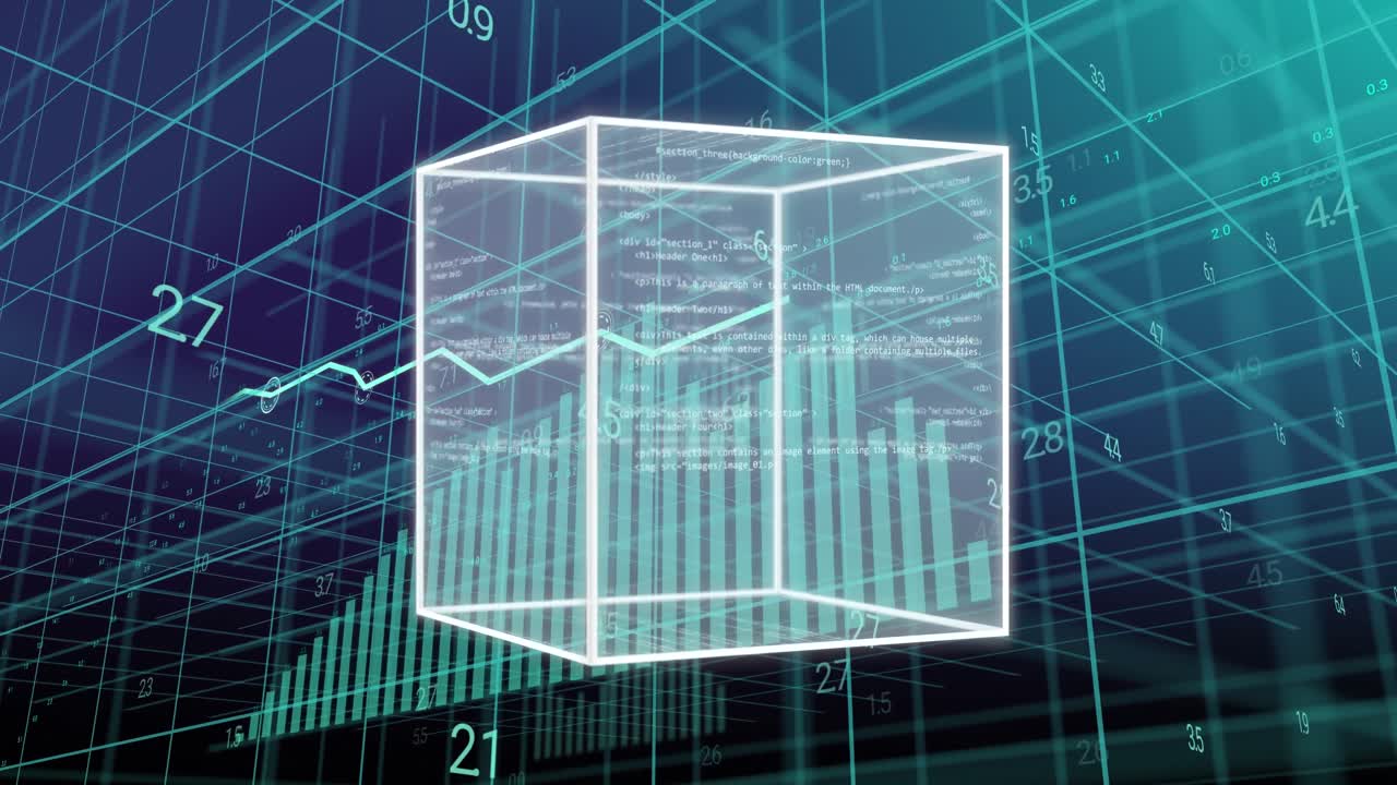 Animazione di elaborazione dati e cubo su griglia