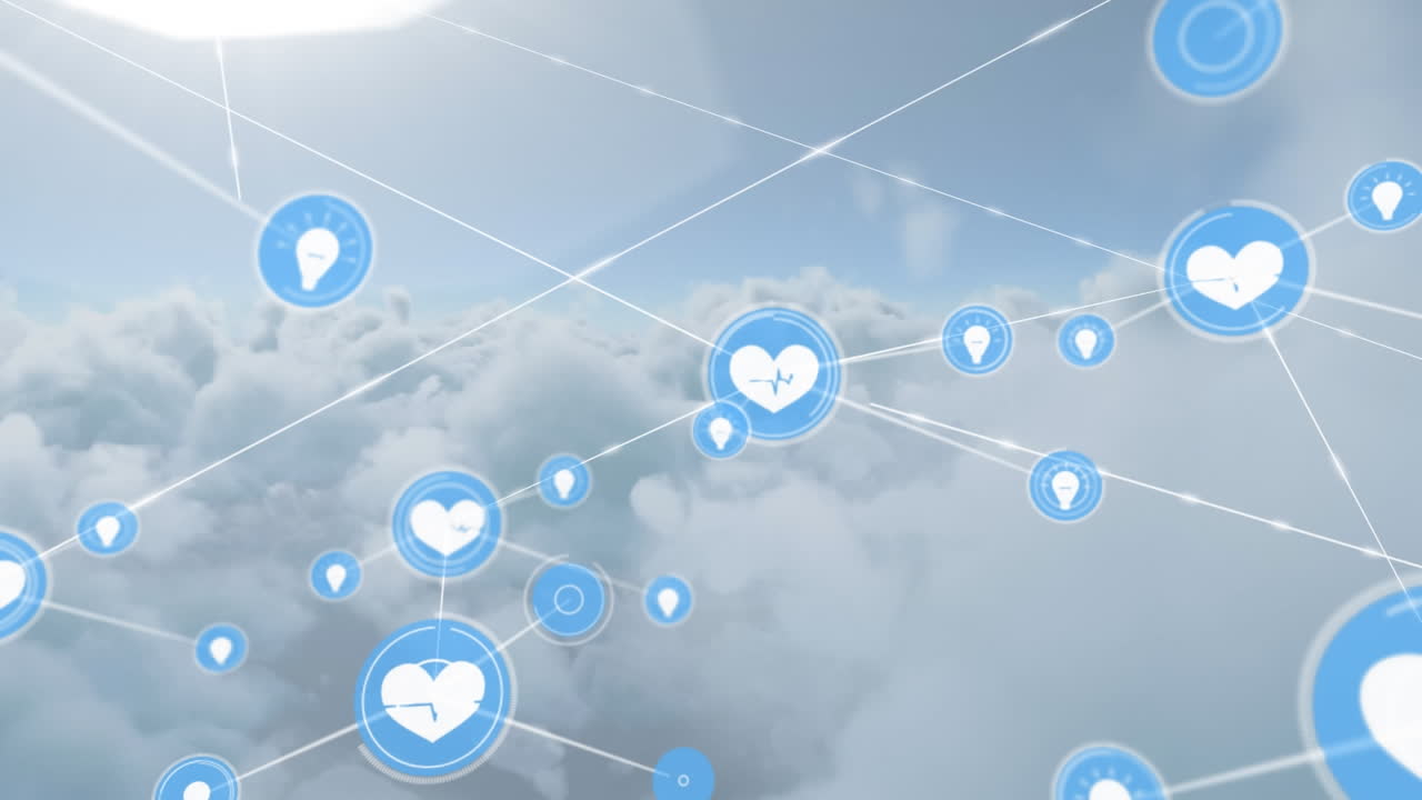 구름이 가득한 배경에 디지털 아이콘의 네트워크가 있습니다.