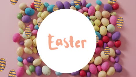 Animation-of-easter-in-circle-over-easter-eggs-on-pale-pink-background