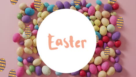 animation of easter in circle over easter eggs on pale pink background
