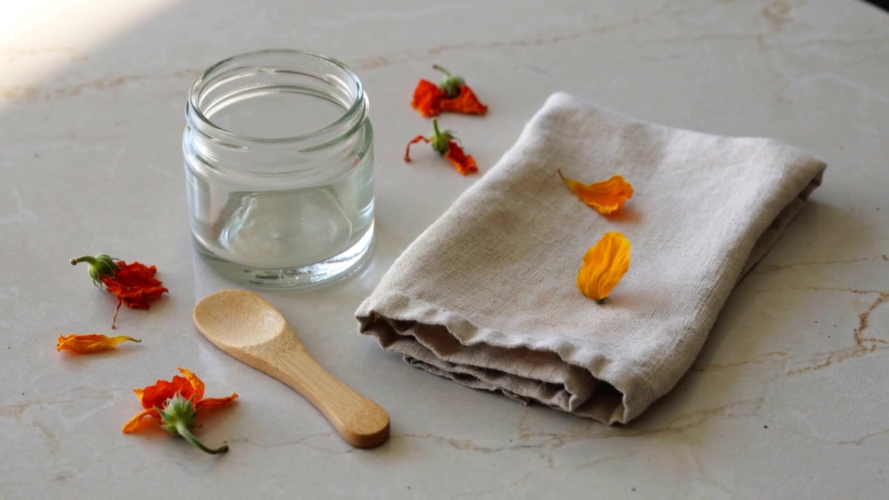 Petali arancioni sfiorati, una leggera corrente d'aria che si muove su un tovagliolo di lino piegato sul bancone, barattolo di vetro, cucchiaio.