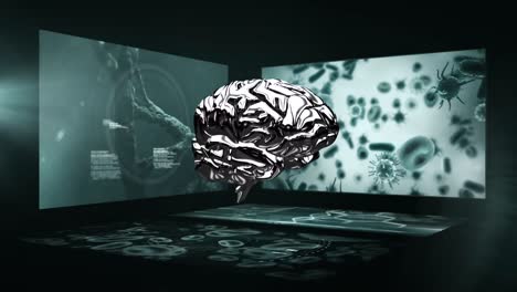 animación del cerebro 3d girando con la pantalla del científico en el fondo