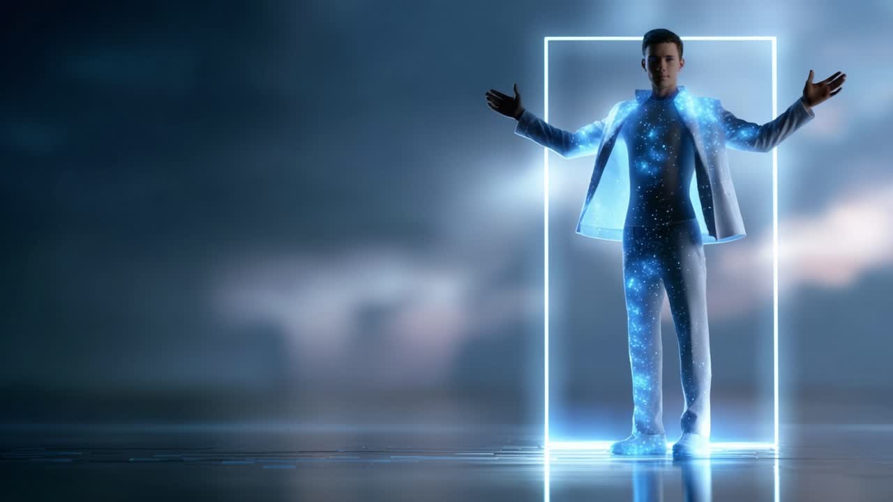 Uma figura futurista permanece iluminada dentro de uma moldura retangular brilhante, cercada por um fundo cósmico que sugere a exploração do espaço e da identidade