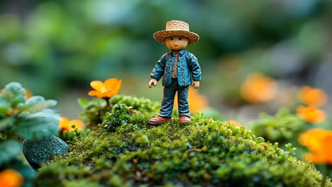 miniature figure standing on moss surrounded by vibrant flowers