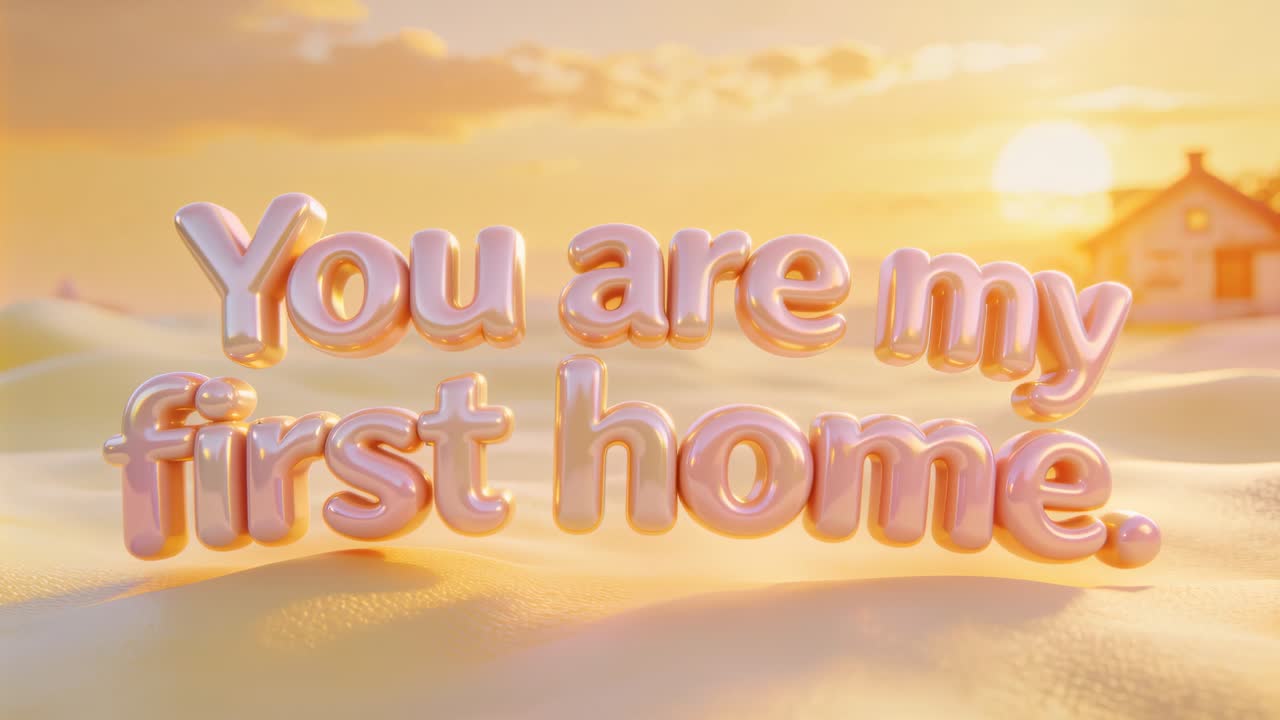 Rayons de soleil mouvants et caméra en mouvement, texte 3D brillant sur des dunes avec une silhouette de maison évoquant le chez-soi.
