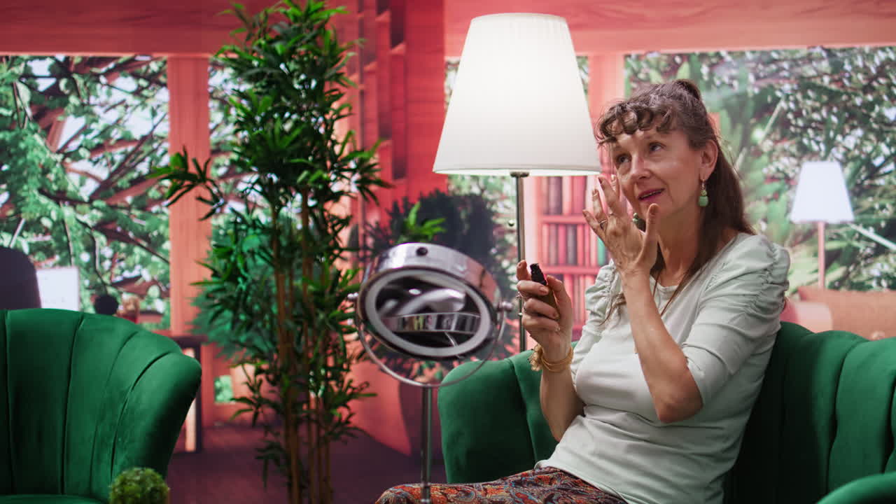 mujer anciana aplicando suero de hidratación en sus mejillas para preservar su piel envejecida