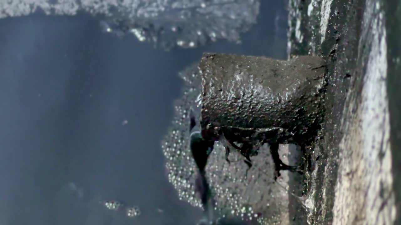 위험한 폐수 연못에서 수집 된 파이프에서 흐르는 어두운 화학 산업 폐수