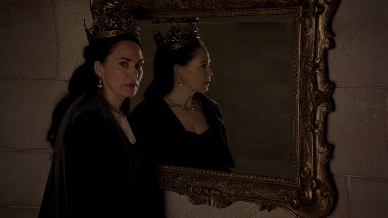 Queen with Crown Reflected in Ornate Mirror