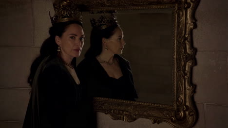 queen with crown reflected in ornate mirror