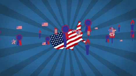 animation of icons and usa map coloured in american flag over blue background