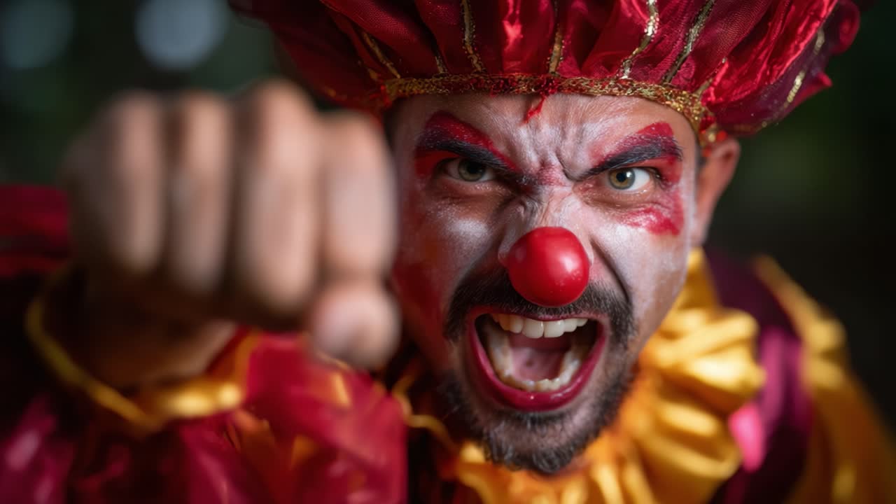 An Intense Clown Displaying Anger with a Fierce Expression, Clenching a Fist, in a Vibrant Costume, Capturing a Dramatic Moment Full of Emotion and Energy