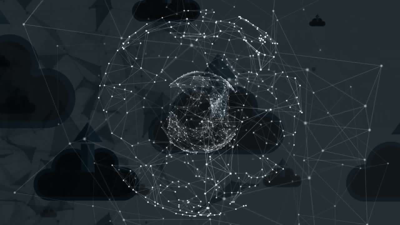 Animation of network of connections with icons over clouds and globe
