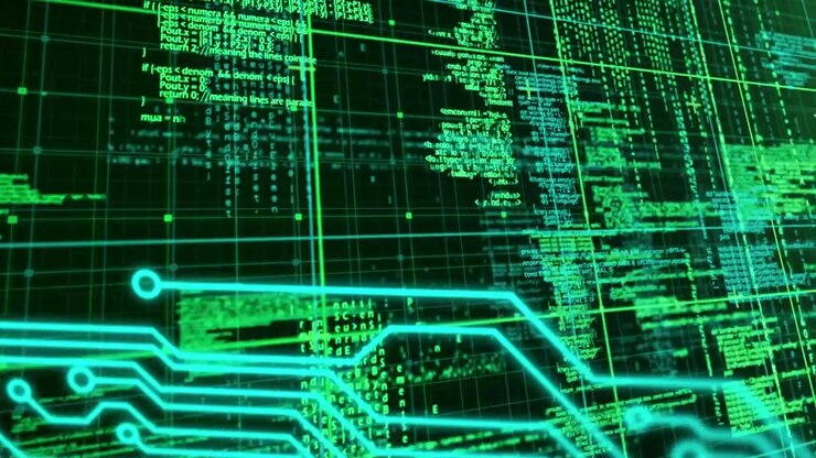 Digital Circuit Board Overlaying Scrolling Computer Code