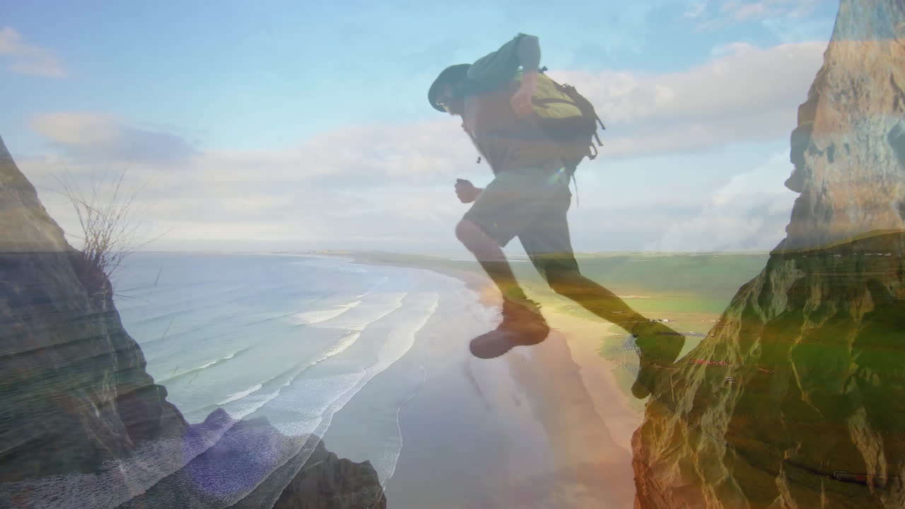 Male hiker wearing backpack jumping between rocky cliffs, showing floating travel icons and charts