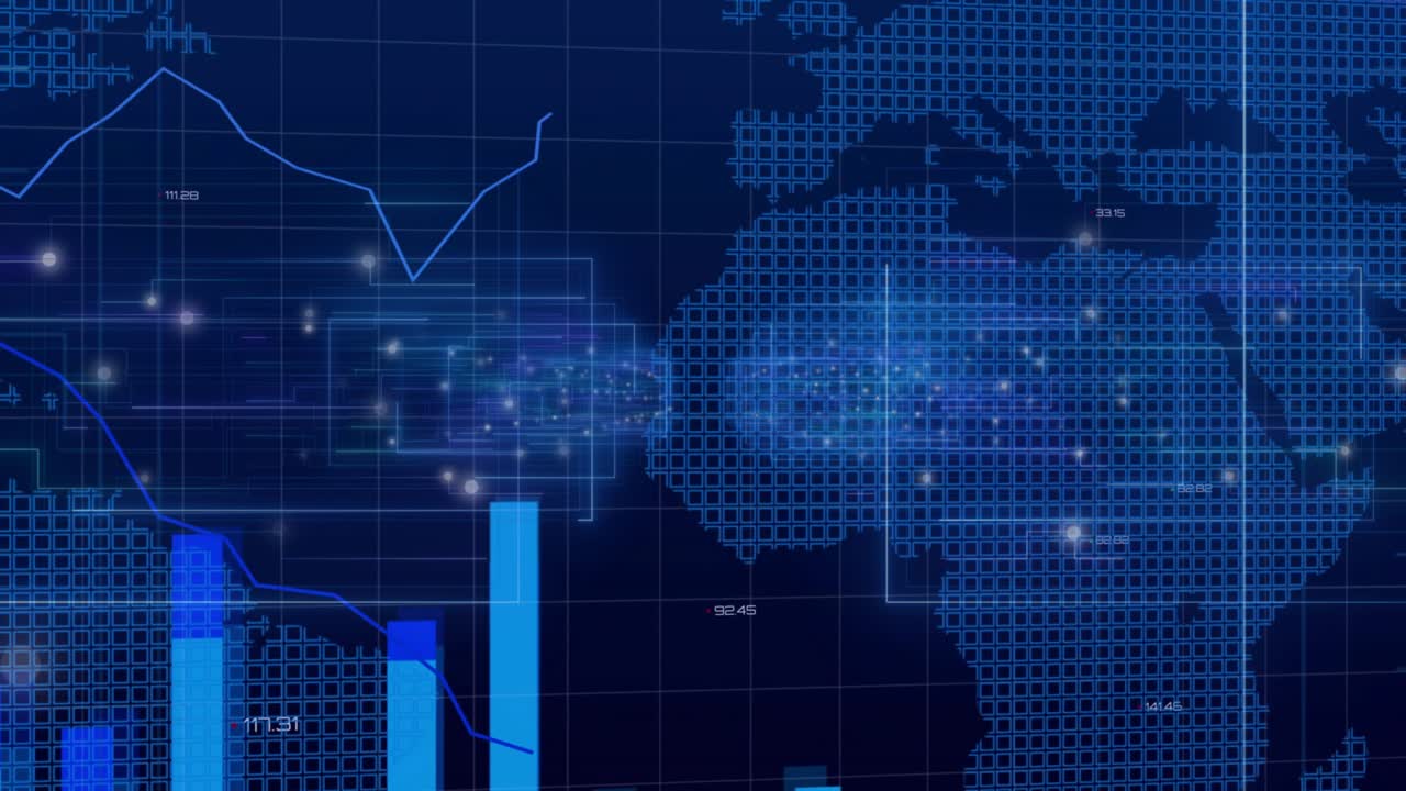 UI opening with grid causing bars growing, sphere morphing to map, graph tracing, forming dashboard