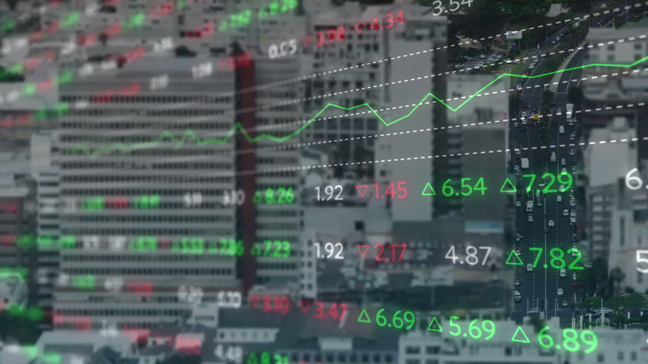도시 풍경 위의 금융 데이터 처리 애니메이션