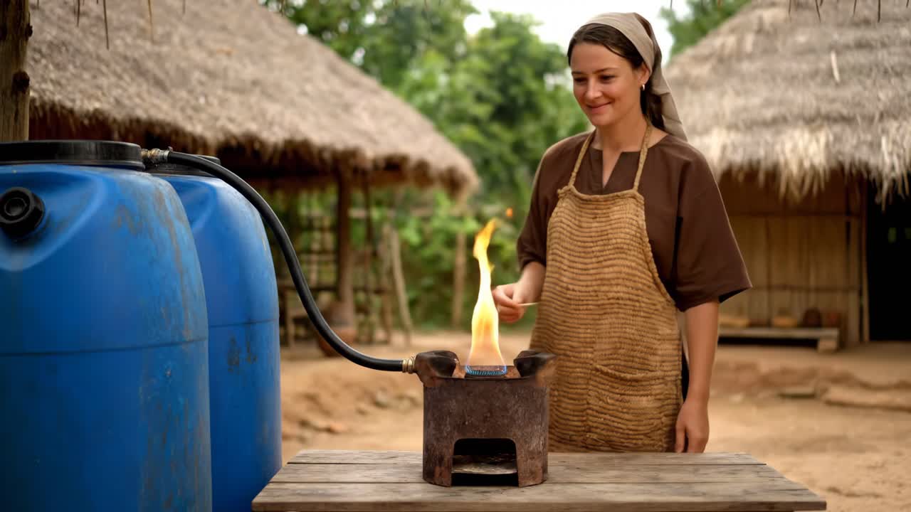 Woman igniting a biogas stove in a rural Asian village