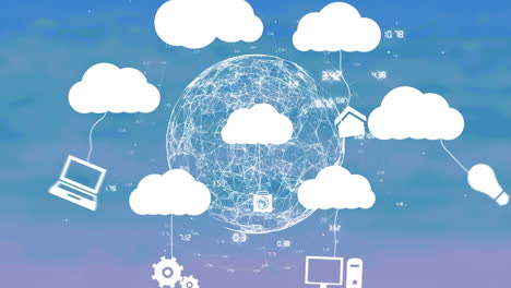 Animation of digital clouds, globe spinning and network of connections over blue background