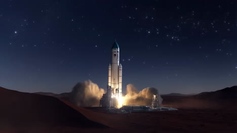 Rocket Launch from Mars into Starry Night Sky