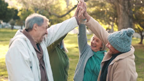 happy people, senior and together for high five