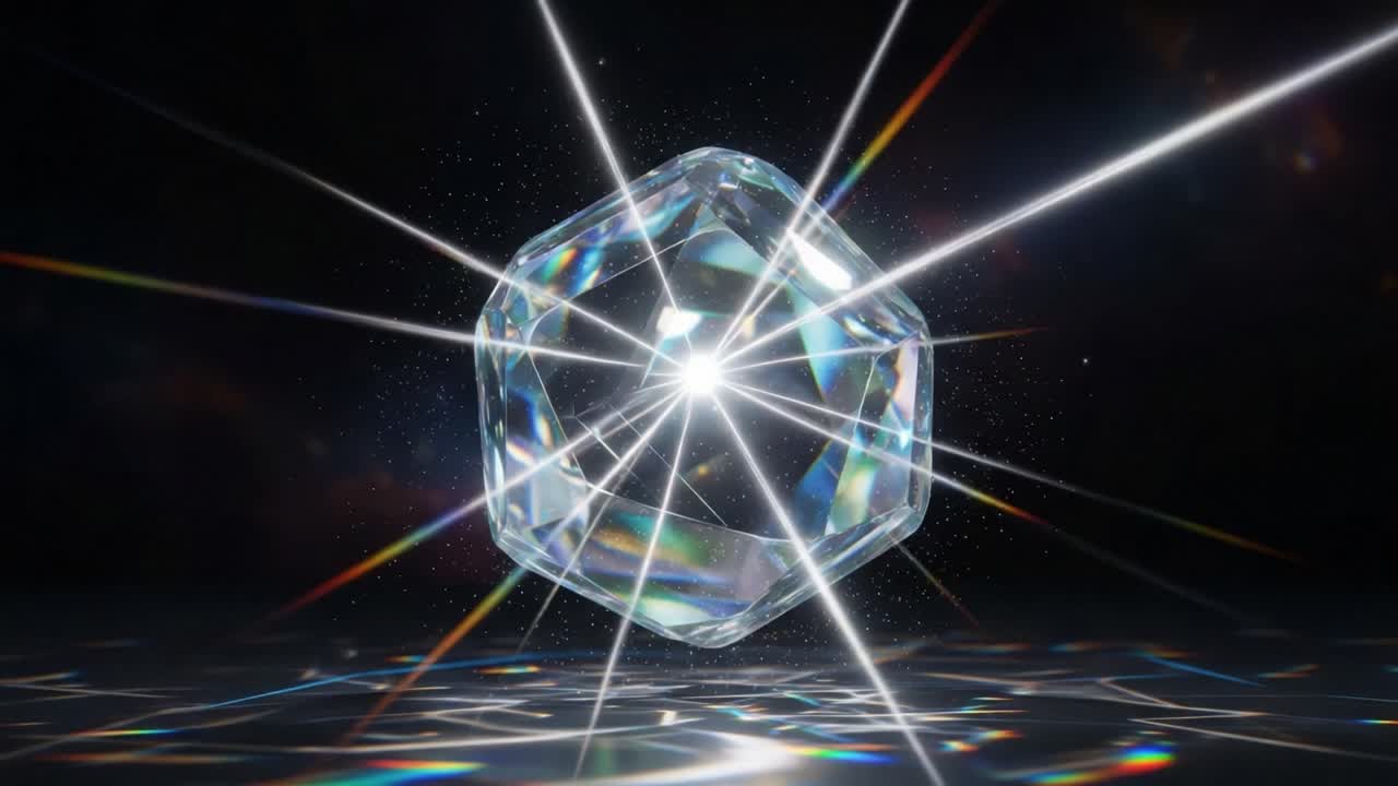 A Stunning Crystal Prism Emiting Brilliant Light Rays and Colors in a Dark Surrounding, Capturing the Beauty of Refraction and Reflection in a Mystical Atmosphere