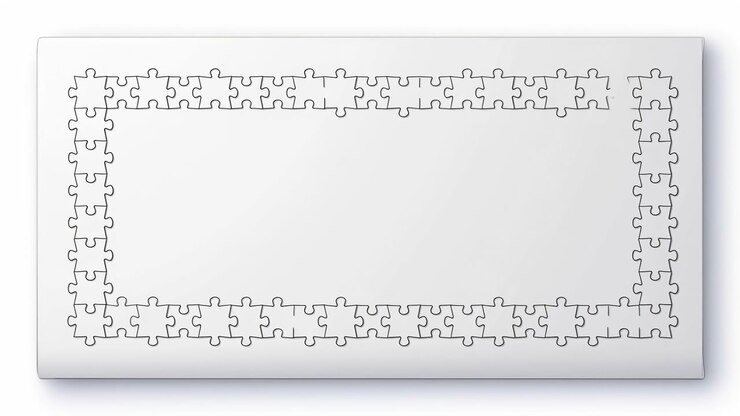 Outlined puzzle pieces progressively join around the outer border before a central column closes the layout into two open sections, shown in a clean centered composition.