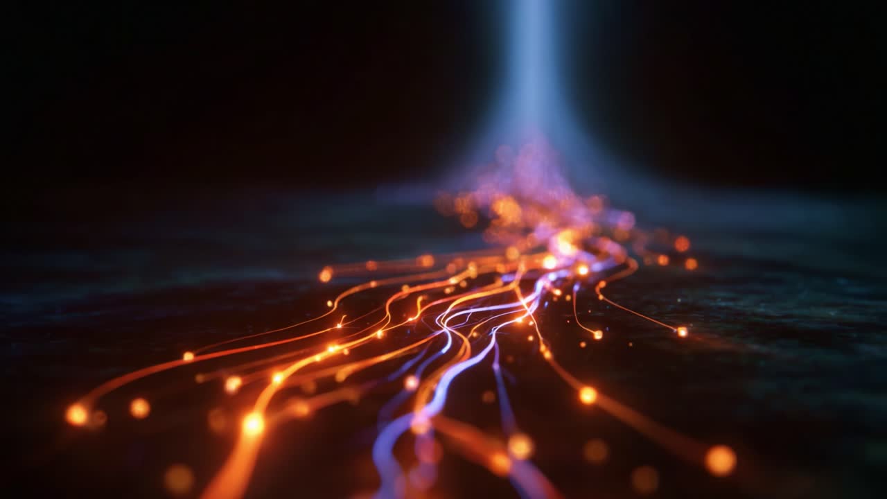 A mesmerizing flow of vibrant orange and blue light trails gliding towards the source, creating a captivating visual experience of energy in motion
