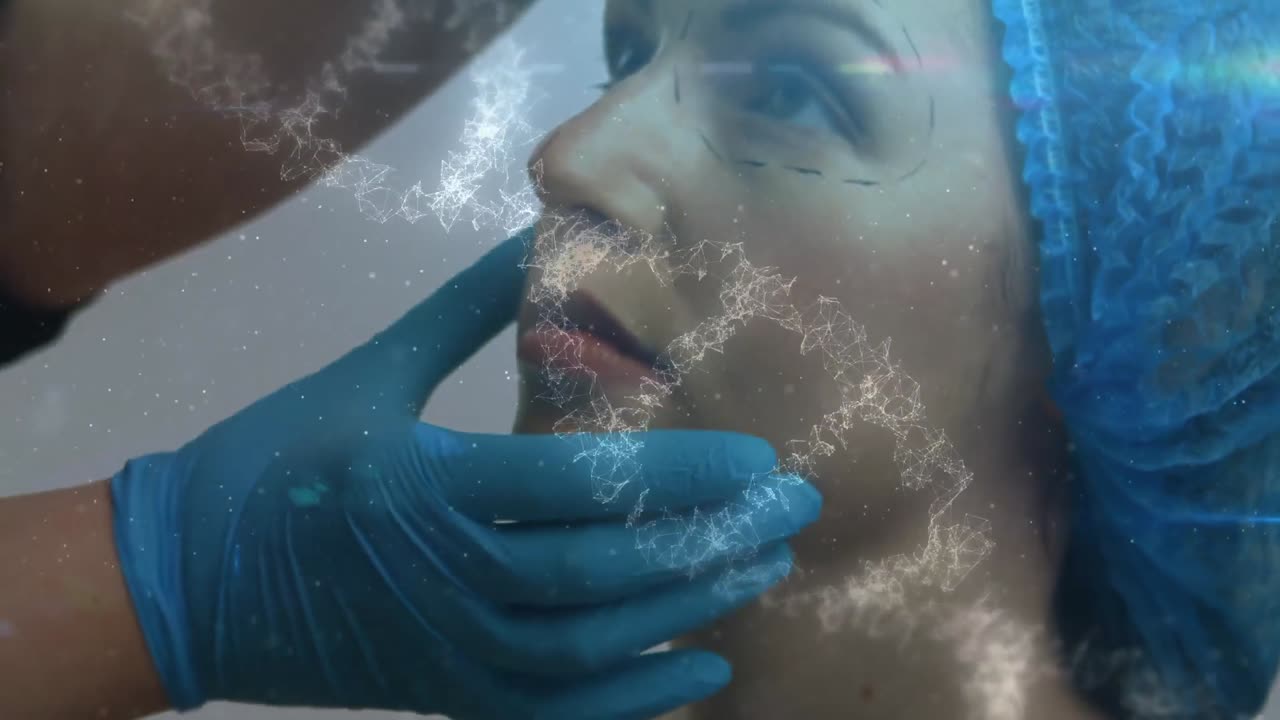 animación de adn con una mujer en una clínica en el fondo