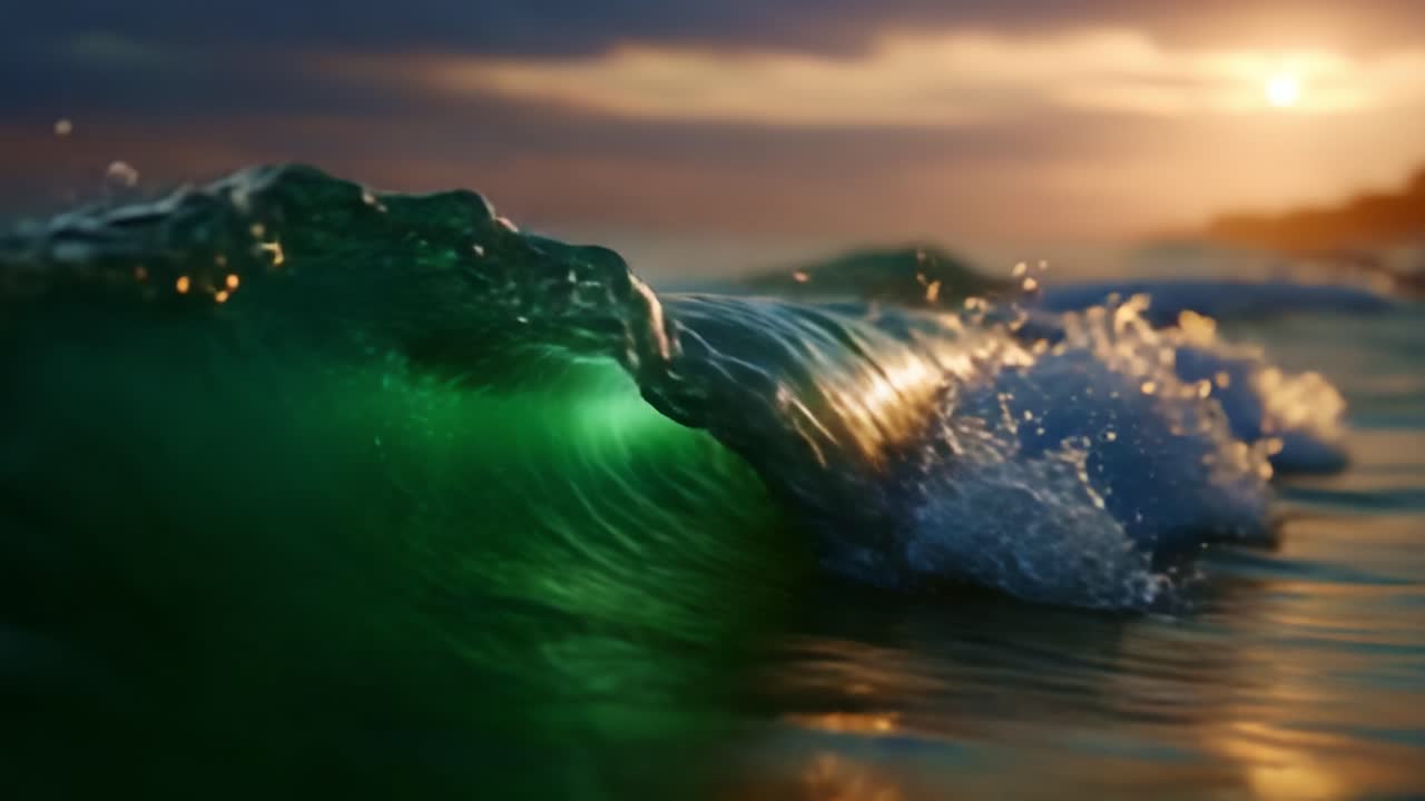 Captivating Waves at Sunset: A mesmerizing view of the ocean showcasing vibrant green hues and sparkling water illuminated by the warm glow of the sun
