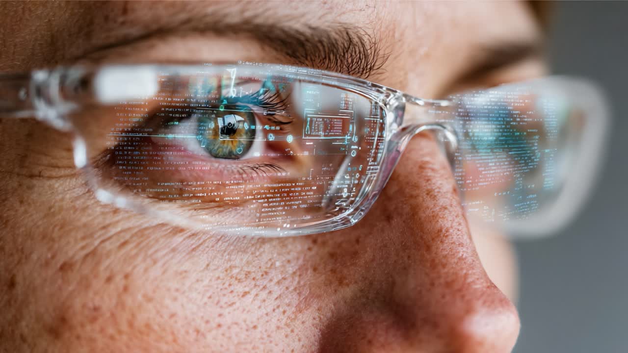 A Close-Up of Innovative Eyewear Displaying Data Insights Through Interactive Technology in a Futuristic Setting, Capturing Vision and Connectivity