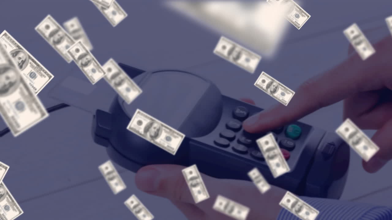 지불 터미널 위에 떠있는 달러의 애니메이션