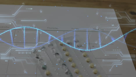 animación de cadenas de adn y diagramas de red sobre pastillas