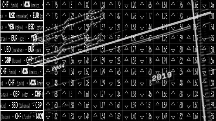 Animation of stock market data processing against black background