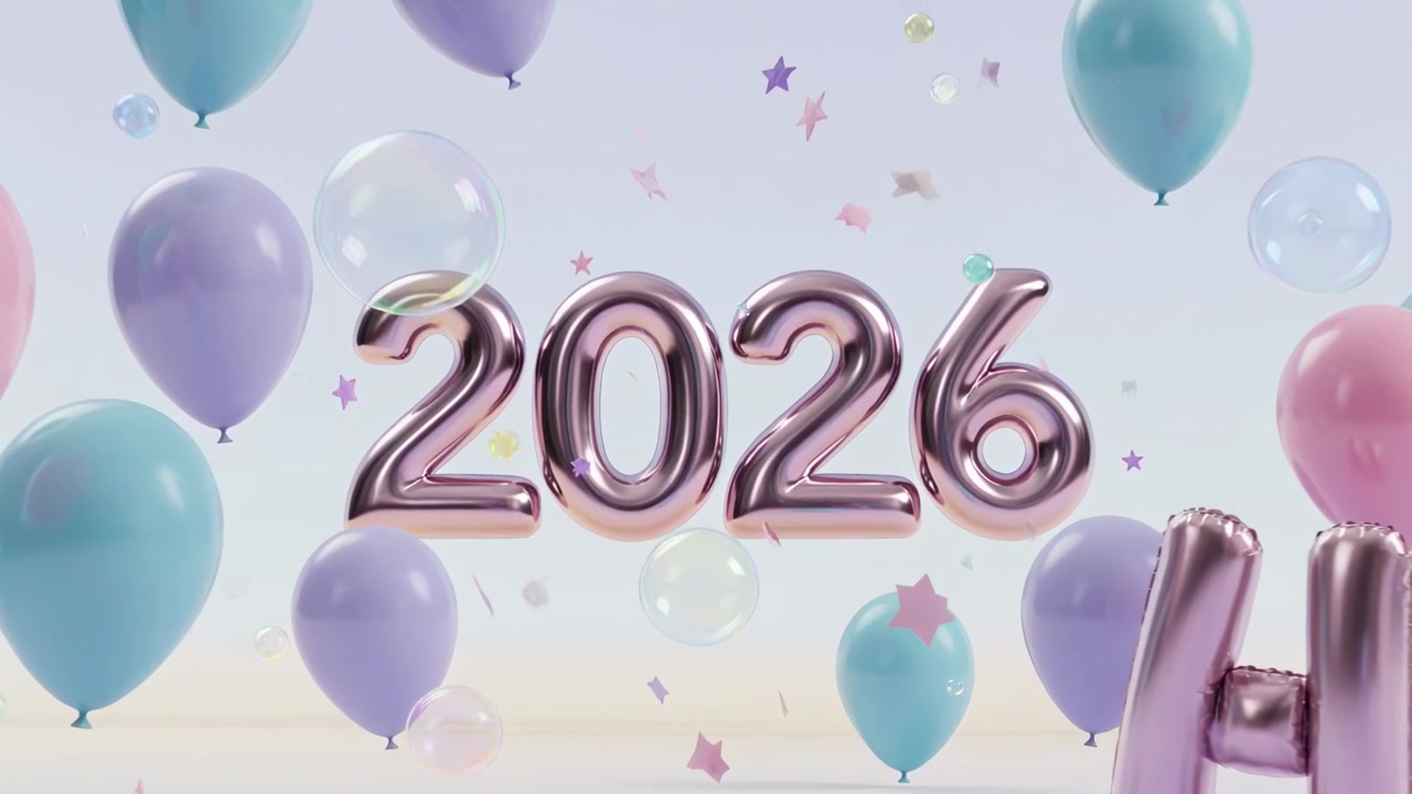 La telecamera zooma verso i numeri 2026 color oro rosa su uno sfondo pastello, mostrando palloncini, bolle e coriandoli.