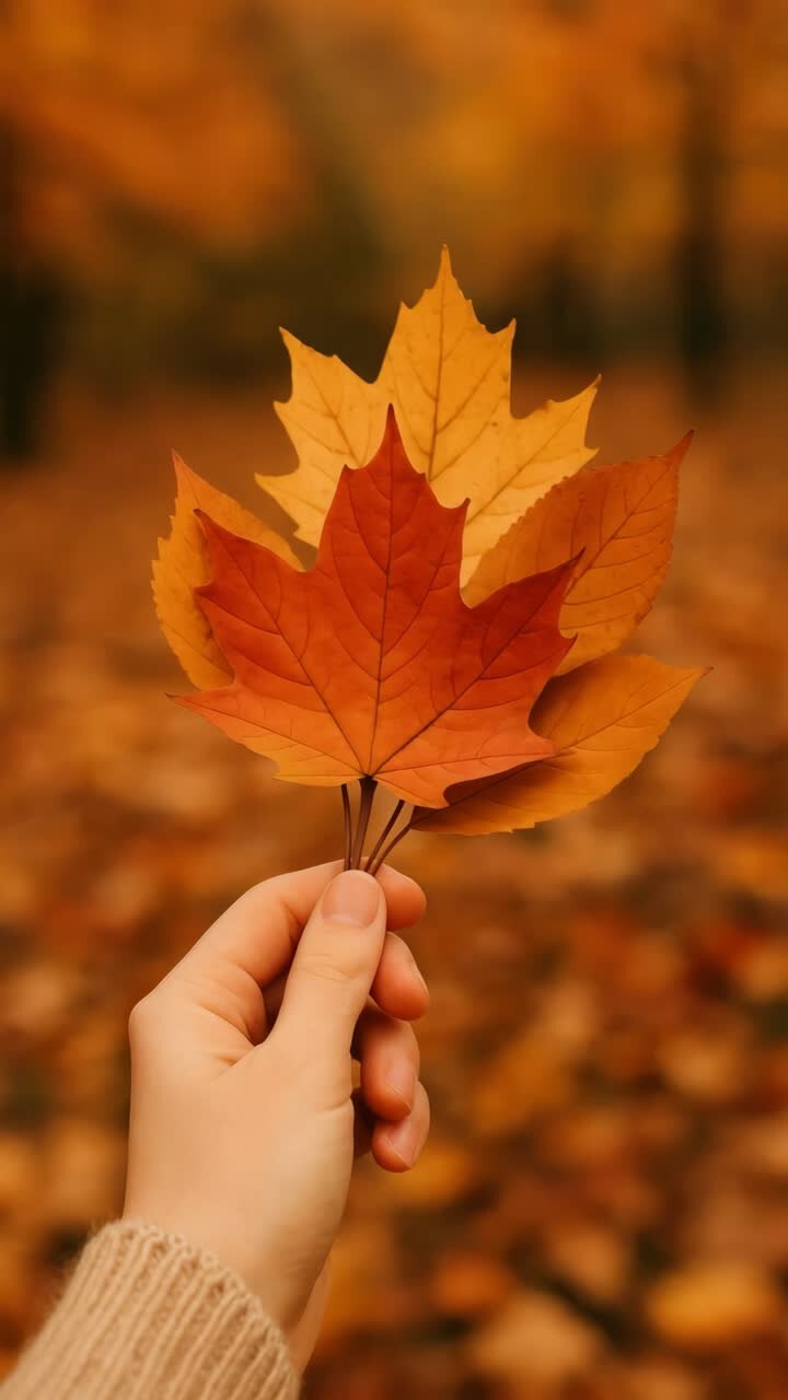 Close-up video still of a hand holding vibrant autumn leaves. Warm tones and shallow depth of field