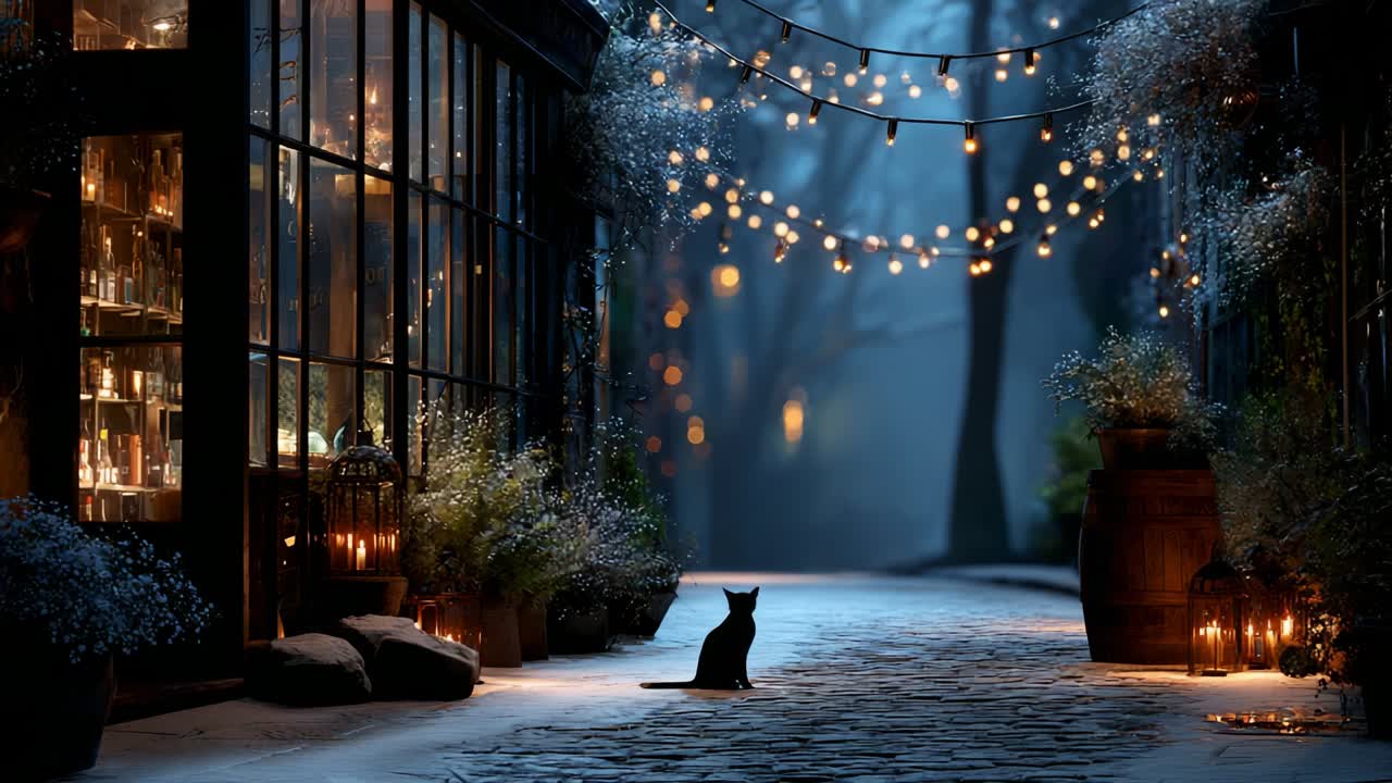 A serene midnight alley illuminated by soft twinkling lights, showcasing a solitary cat sitting gracefully amidst charming shopfronts and an enchanting atmosphere, perfect for a tranquil evening stroll
