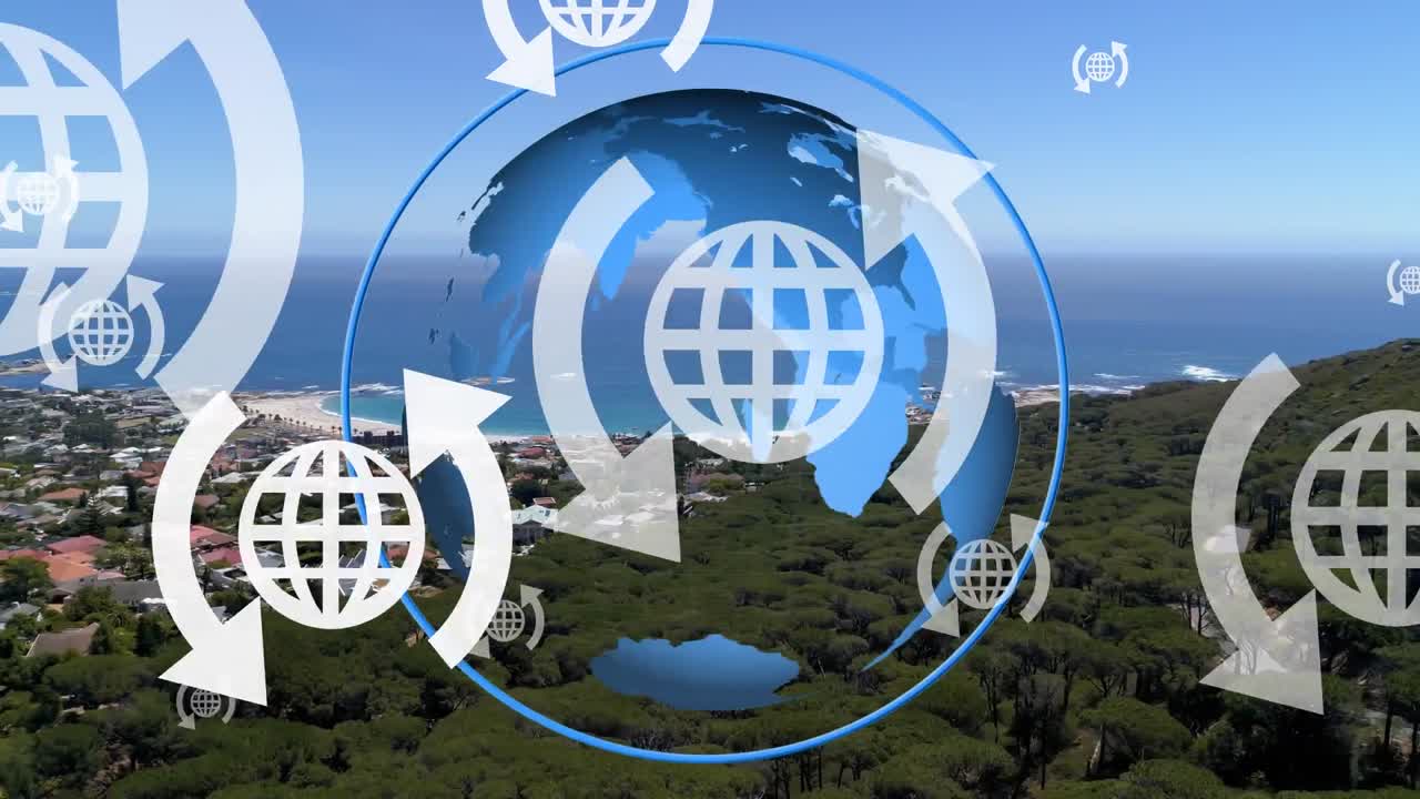 composición de iconos de globo con flechas sobre globo y paisaje