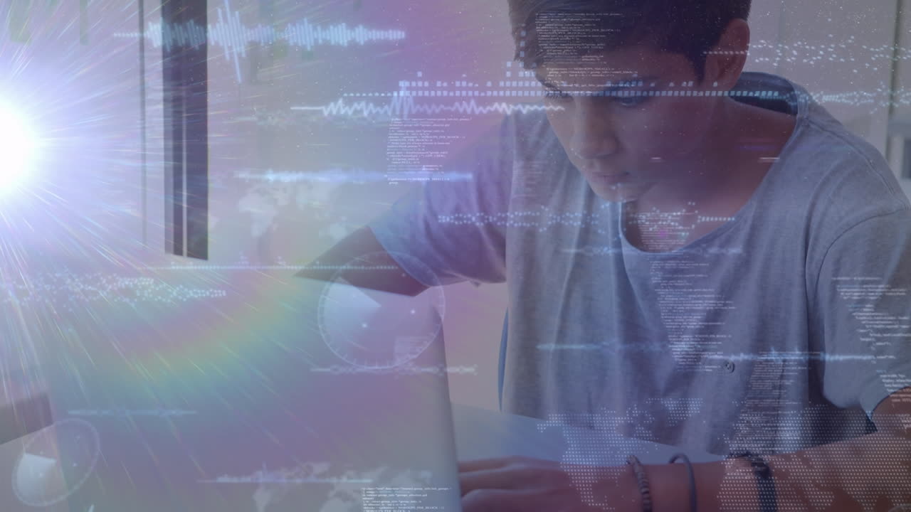 컴퓨터를 이용한 백인 십대 소년의 빛의 애니메이션