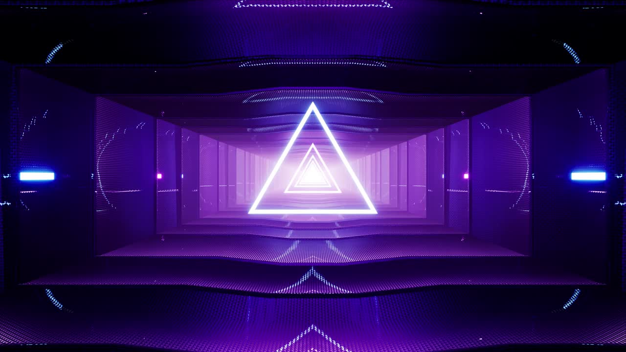 luz de neón de triángulo brillante en el pasillo de metal