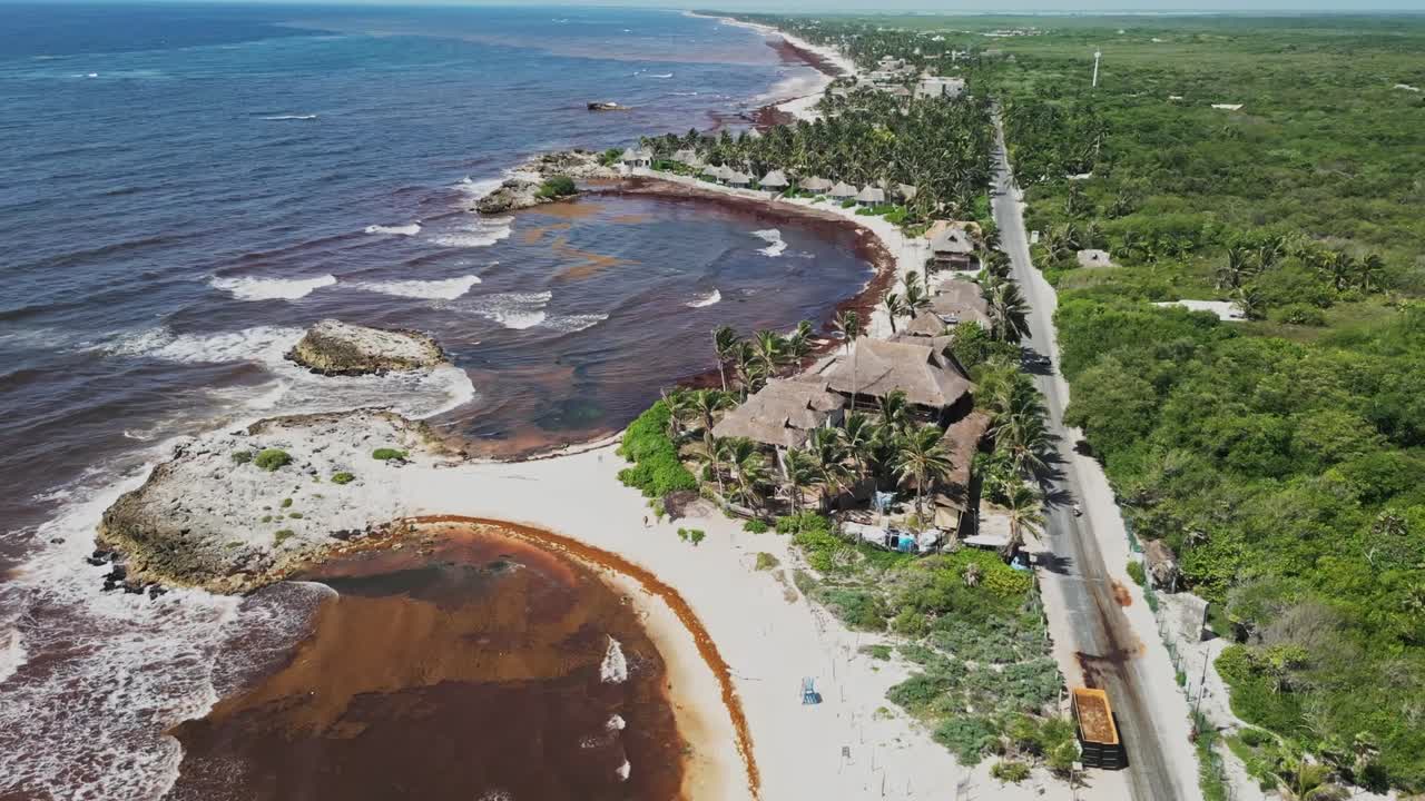 Aerial view, tropical alcove, shoreline road travel, coastline Caribbean